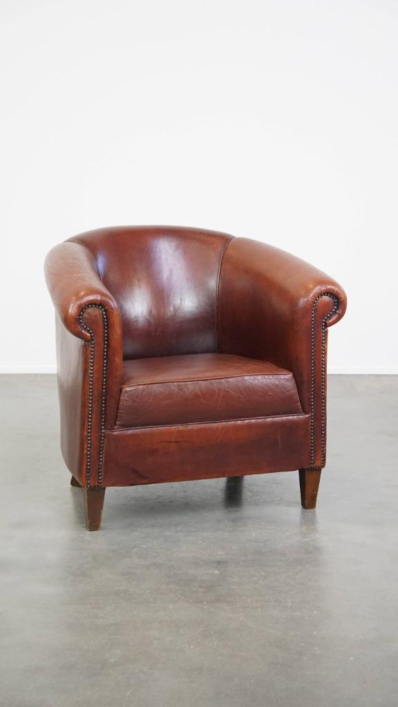 Comfortabele vintage schapenleren clubfauteuil, Huis en Inrichting, Fauteuils, Gebruikt, Leer, 75 tot 100 cm, 75 tot 100 cm, Ophalen
