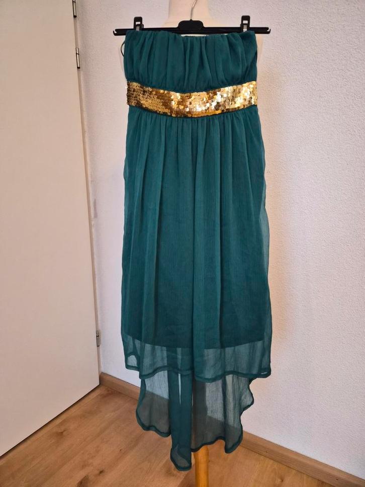 Straples smaragd groene feest/galajurk, Kleding | Dames, Gelegenheidskleding, Zo goed als nieuw, Galajurk, Maat 34 (XS) of kleiner