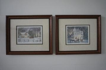 Walter Campbell 2 schilderijen winter sfeer sneeuw hout beschikbaar voor biedingen