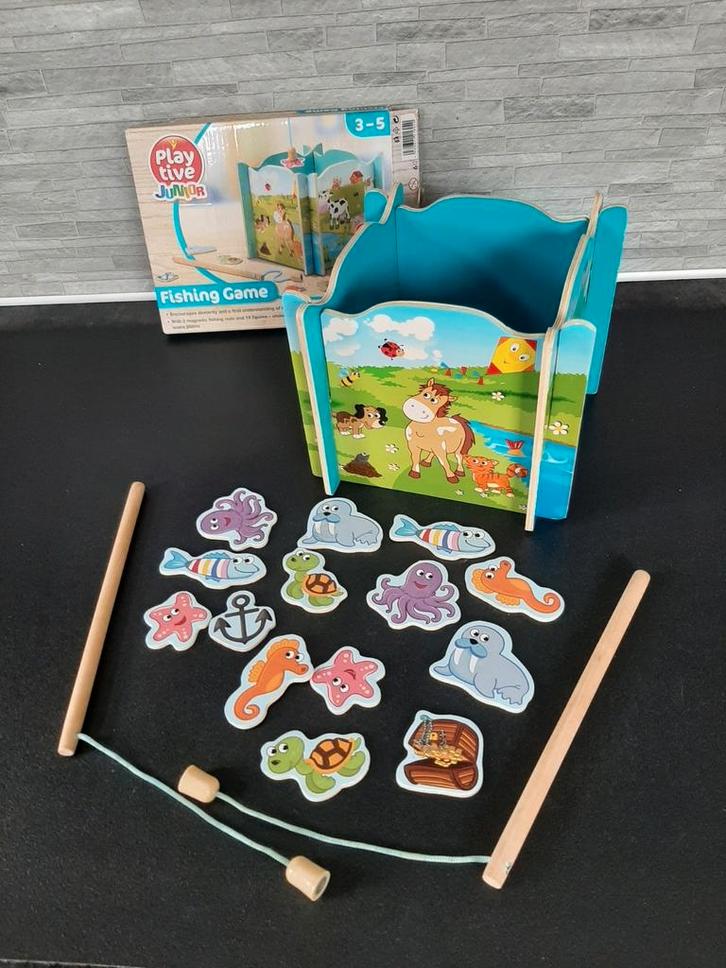 Houten visspel met magneet in kleurrijke bak boerderij afb., Kinderen en Baby's, Speelgoed | Houten speelgoed, Zo goed als nieuw