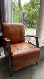 Leren fauteuil cognac buffelleer + betonnen bijzettafel, Huis en Inrichting, Fauteuils, Ophalen, Metaal, 75 tot 100 cm, Zo goed als nieuw