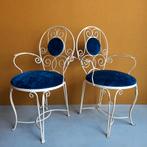 Brocante vintage smeedijzeren set stoelen met blauw velours, Ophalen of Verzenden