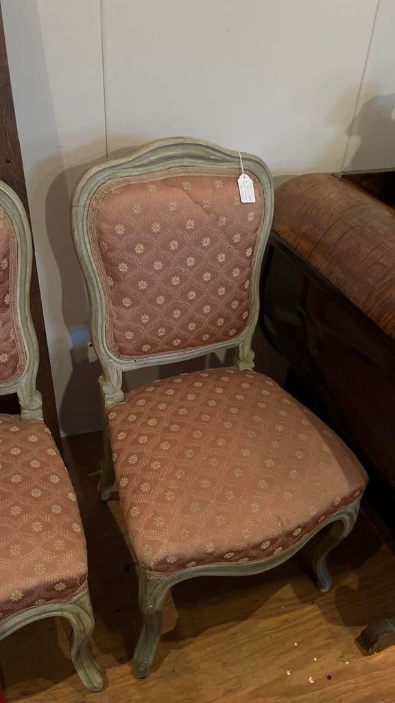 Antieke stoelenset (4), 19e eeuw met roze bekleding, Ophalen