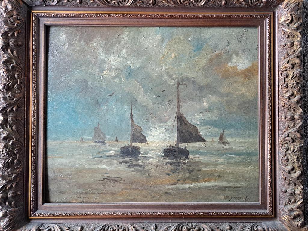 Oud schilderij: Schepen op zee, gesigneerd, Antiek en Kunst, Ophalen