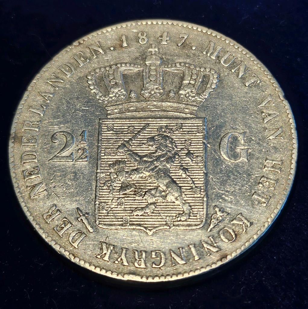Zilveren Rijksdaalder 1847 Koning Willem II, Postzegels en Munten, Munten | Nederland, Losse munt, 2½ gulden, Koning Willem II