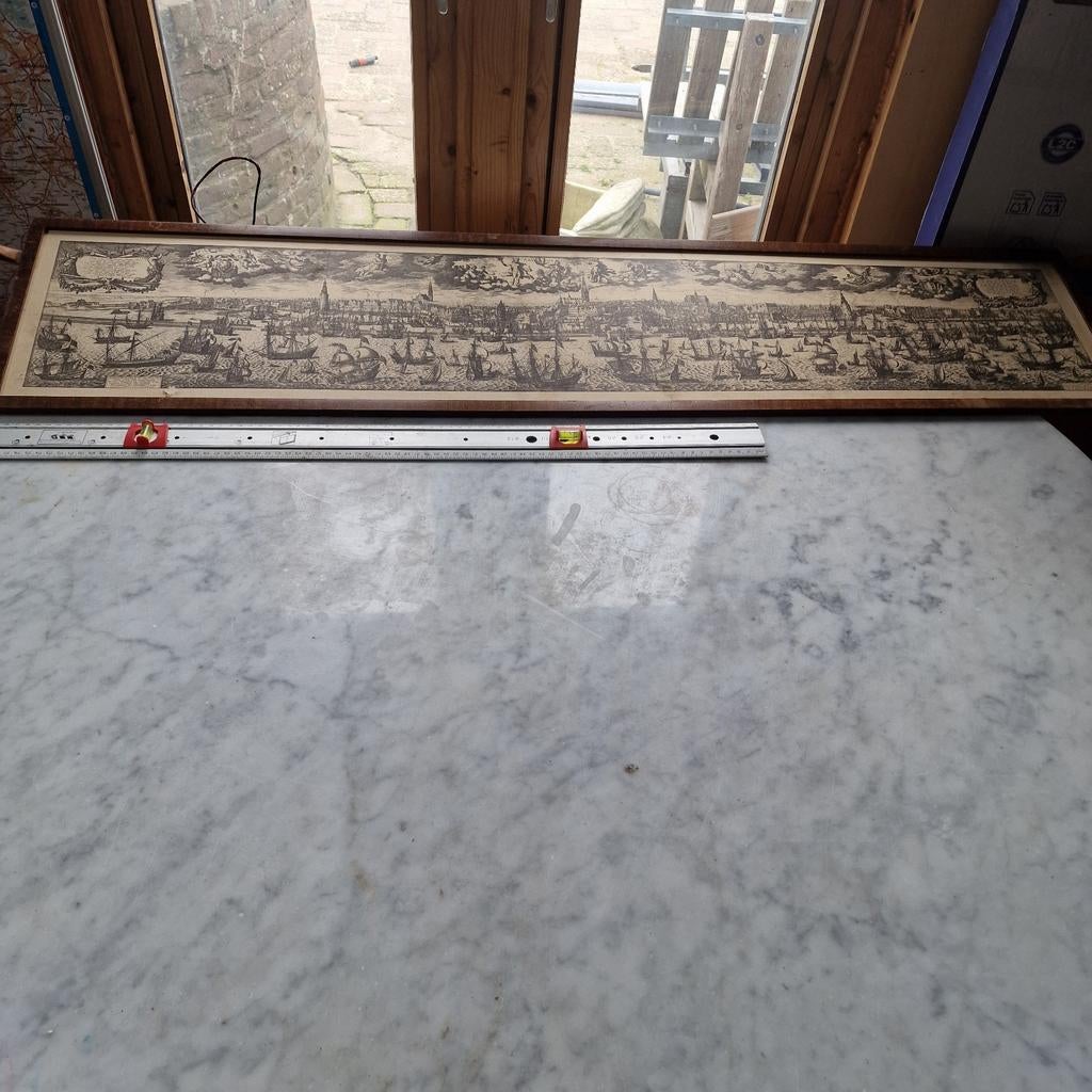 Antieke prent Amsterdam stadsgezicht met schepen, Ophalen of Verzenden