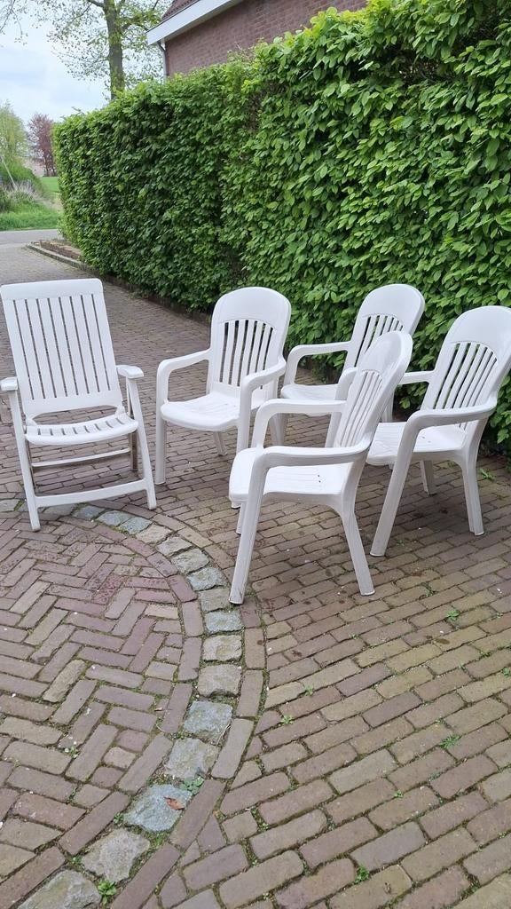 Set van 6 witte tuinstoelen, Ophalen, Gebruikt, Kunststof, Verstelbaar