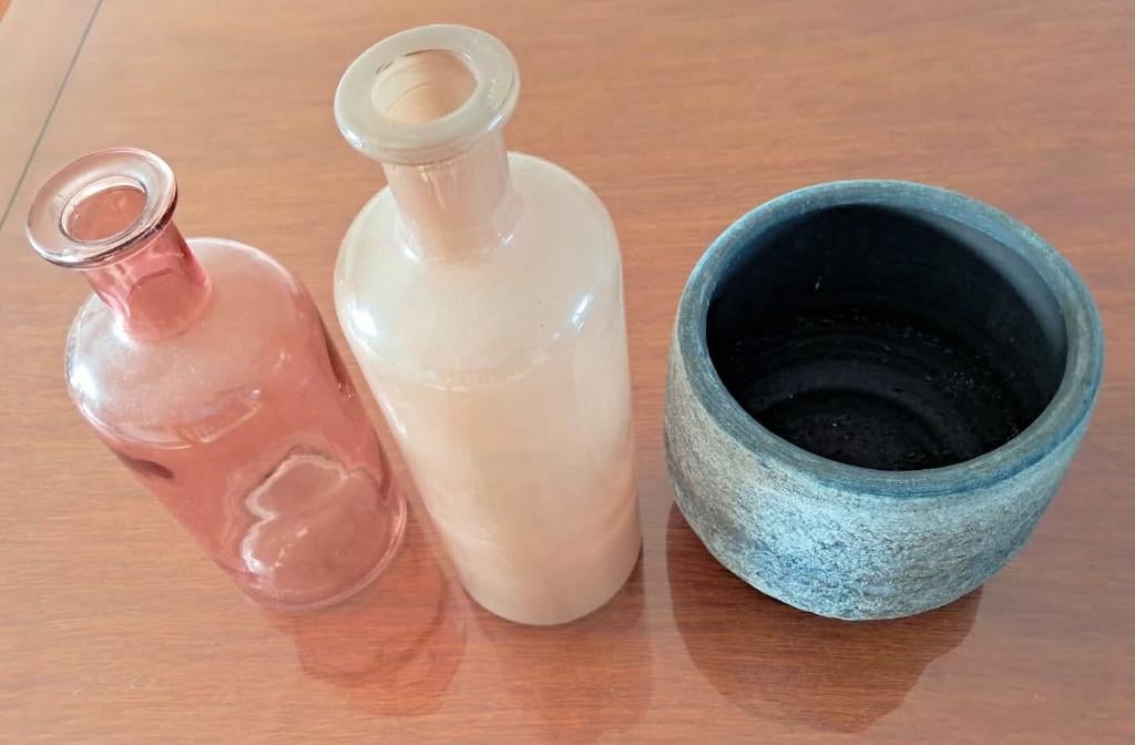 2 glazen flessen en vaas, Ophalen, Gebruikt, Overige kleuren, Glas