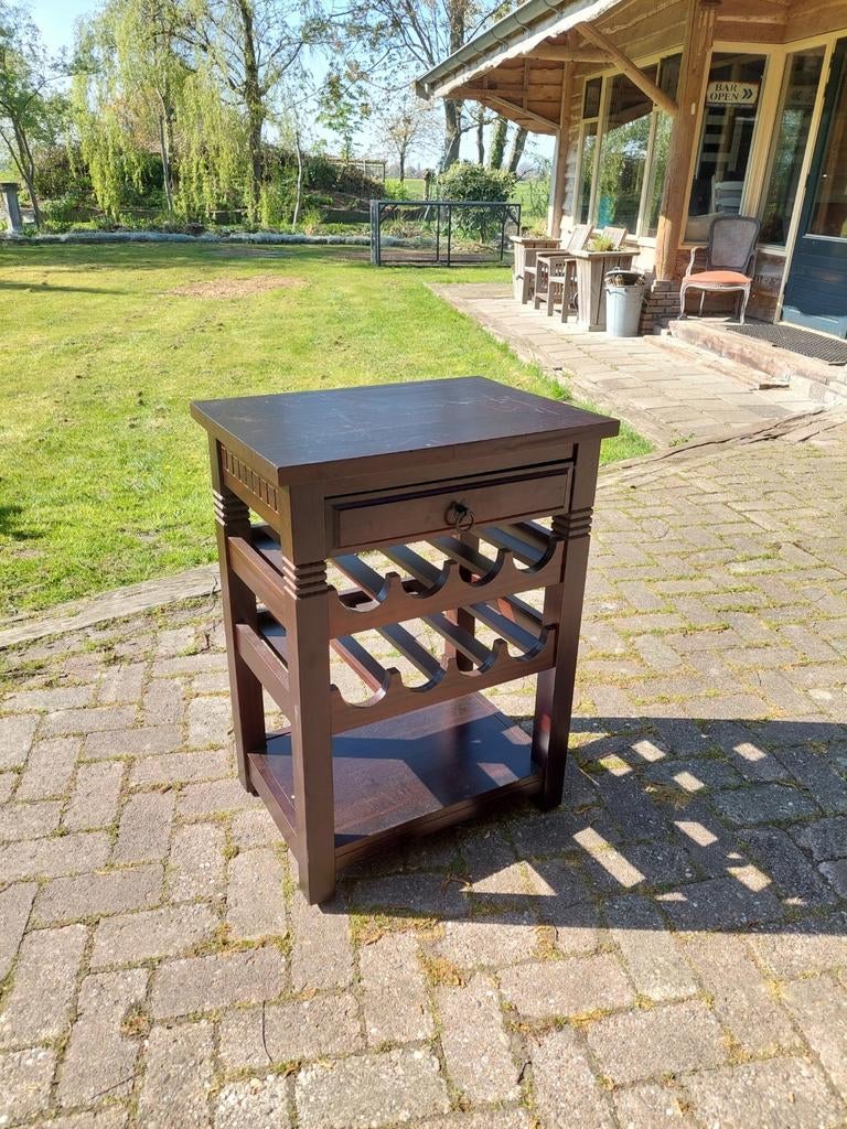 Tafel met Wijnrek en lade - Donkerbruin hout, Ophalen, Gebruikt, 5 tot 15 flessen, 75 cm of meer