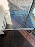 Glazen salon tafel met metalen poten, Ophalen, Gebruikt, 50 tot 100 cm, Vierkant