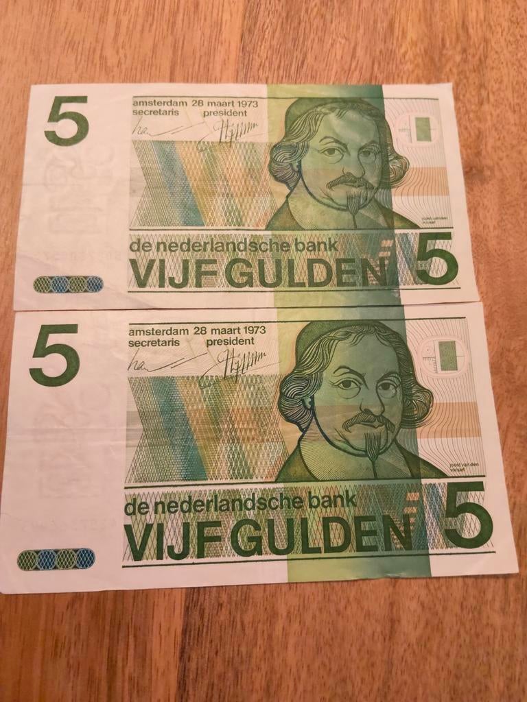 2x 5 Gulden biljetten 1973 - 'De Snip', Postzegels en Munten, Bankbiljetten | Nederland, Setje, 5 gulden, Ophalen of Verzenden
