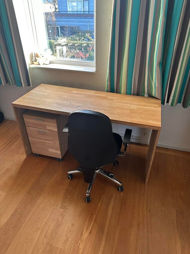 Houten bureau met ladeblok, Huis en Inrichting, Bureaus, Ophalen, Gebruikt