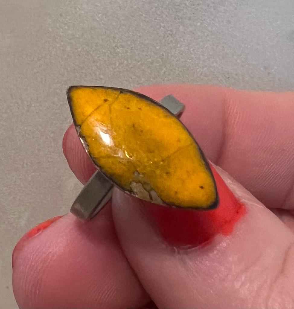 Vintage retro zilverkleurige emaille ring designers sieraad, Overige materialen, Gebruikt, Geel, Ophalen of Verzenden