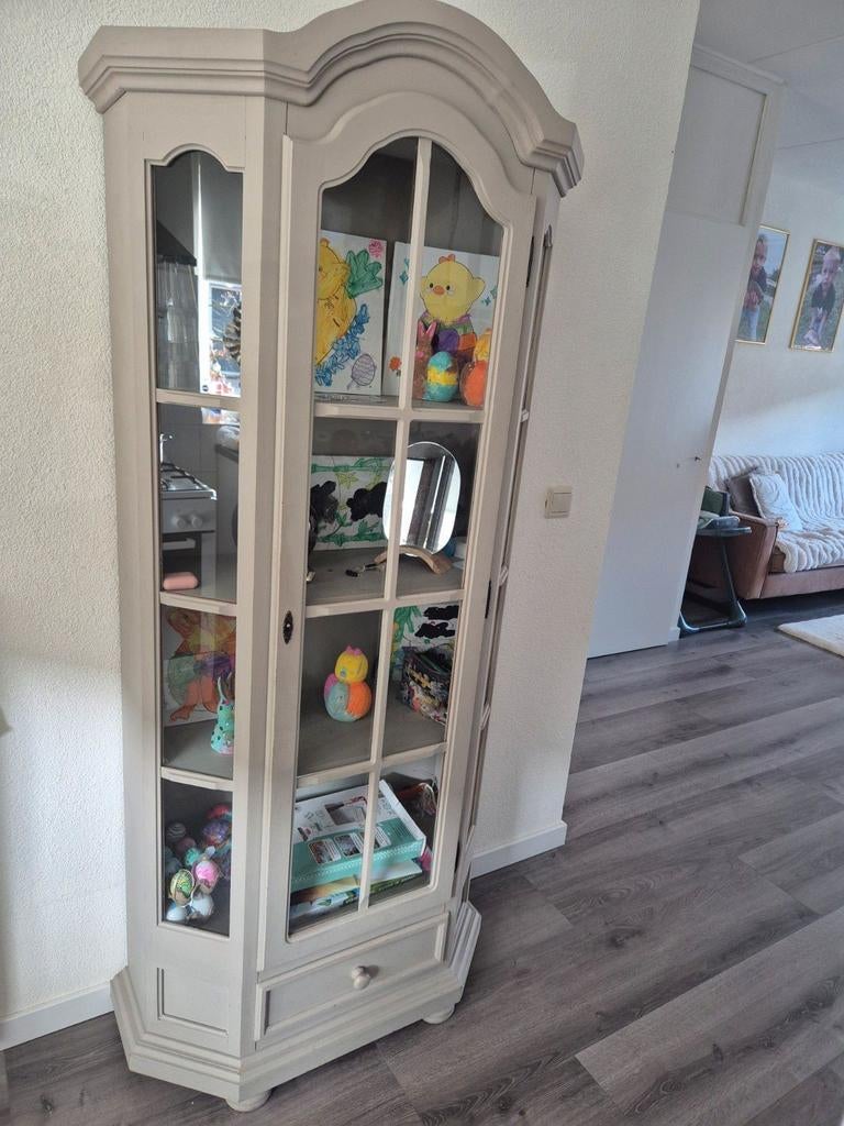 Taupe Vitrinekast met Glasdeuren en Lade, Gebruikt, Met deur(en), Glas, Klassiek, Landelijk