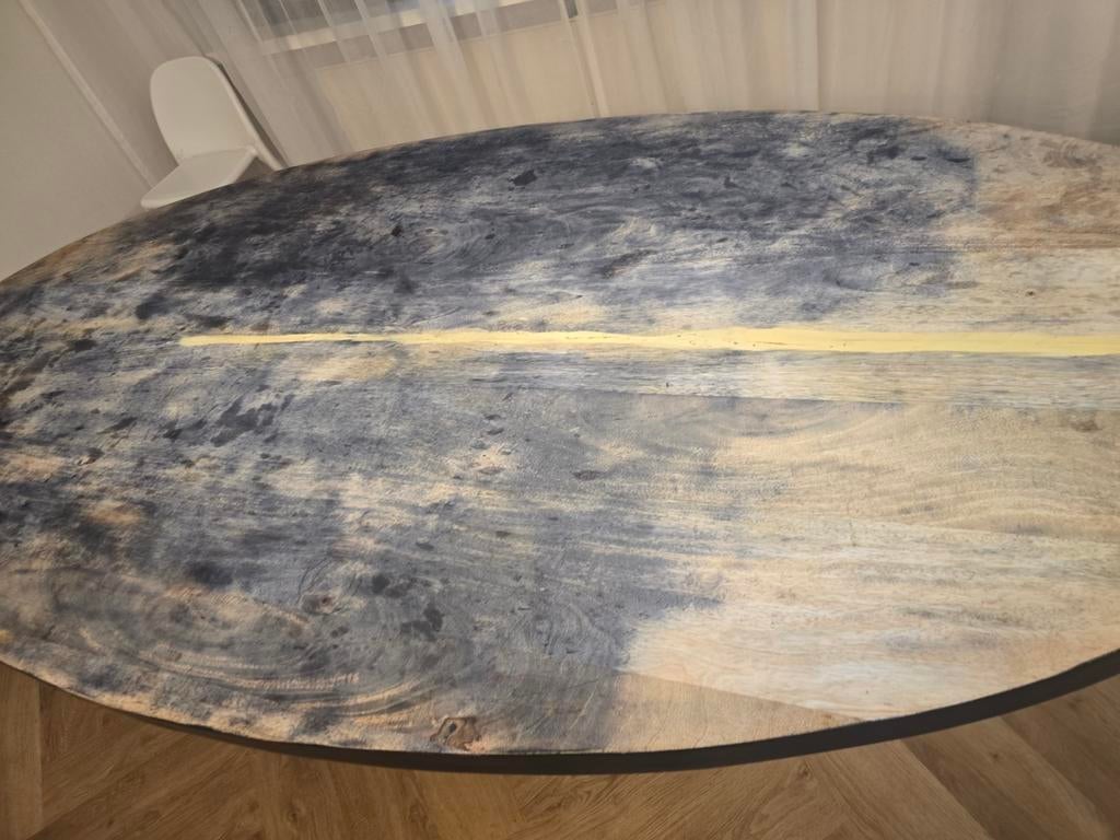 Mangohout eettafel met metalen onderstel (220 cm), Huis en Inrichting, Tafels | Eettafels, Ophalen, Gebruikt, Overige houtsoorten