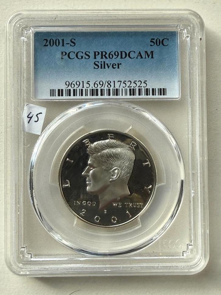 2001-S USA Proof Silver Half Dollar Kennedy PCGS PF69DAM, Postzegels en Munten, Munten | Amerika, Losse munt, Noord-Amerika, Zilver
