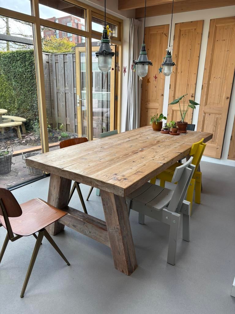 Robuuste eettafel massief hout boerentafel, Ophalen, Gebruikt, 200 cm of meer, 50 tot 100 cm