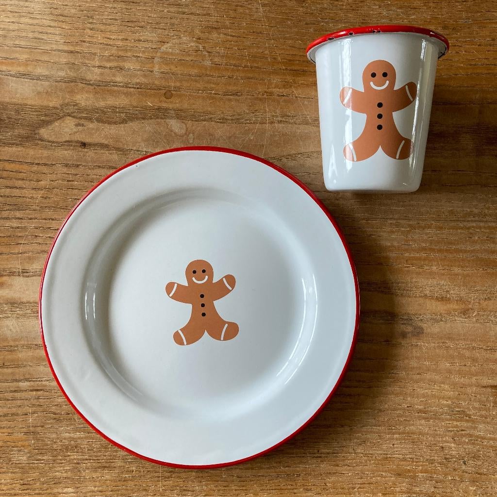 Emaille bord en beker peperkoekmannetje, Ophalen of Verzenden