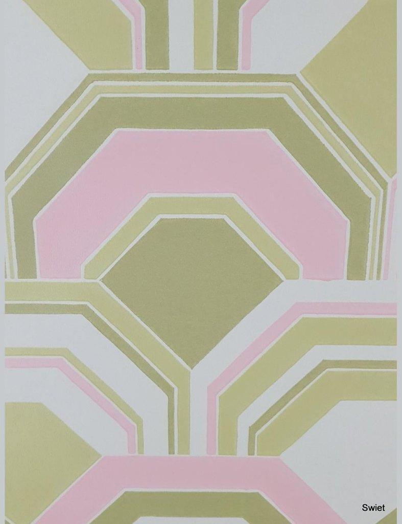 5032 seventies behang geometrisch roze groen wit retro swiet, Huis en Inrichting, Stoffering | Behang, Ophalen of Verzenden, Minder dan 10 m²