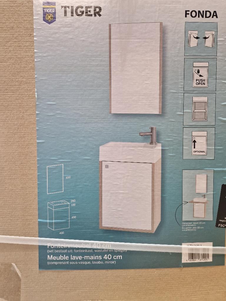 Tiger fonteinset: meubel + spiegel, 60x40x30cm breed, Huis en Inrichting, Kasten | Overige, Nieuw, Ophalen