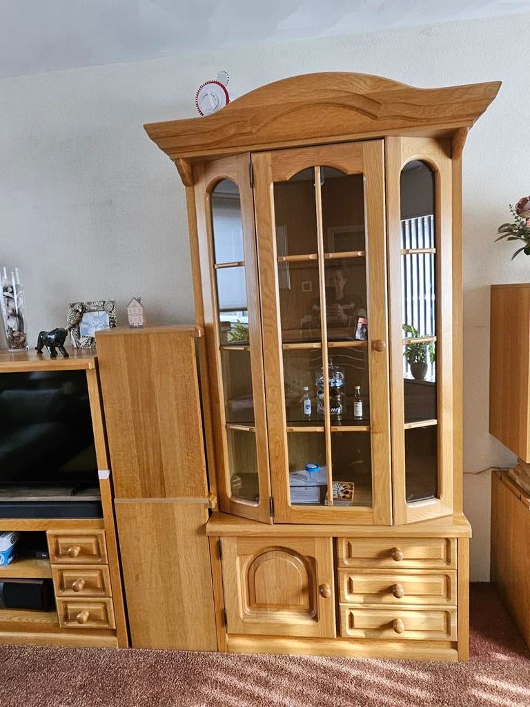 Eiken kast: vitrinekast, tv-kast en bar, 3 meter breed, Ophalen of Verzenden