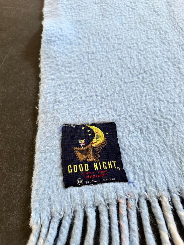 Vintage Good Night Dralon deken/plaid - Lichtblauw geruit, Huis en Inrichting, Woonaccessoires | Plaids en Woondekens, Ophalen of Verzenden