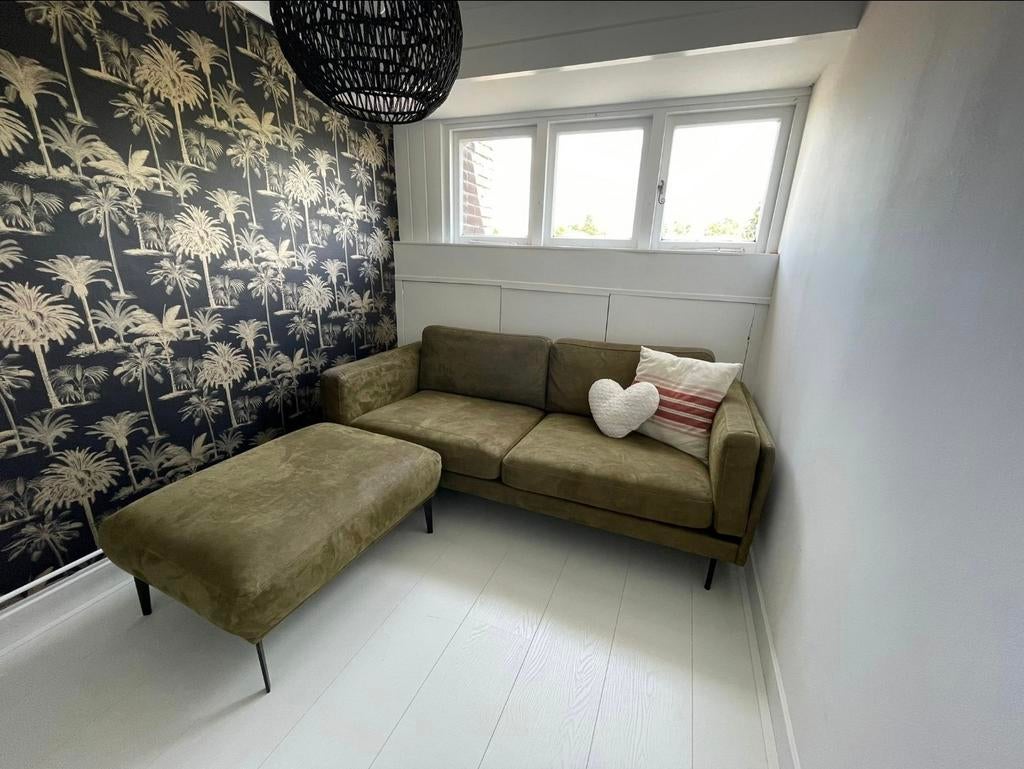 Comfortabel bankstel met poef - Olijfgroen, Ophalen, Gebruikt, 150 tot 200 cm, Driepersoons