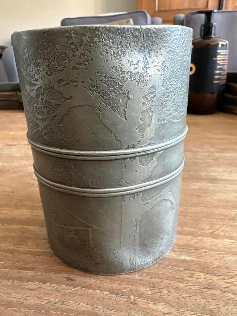 Antieke tinnen pot met deksel en gravures, Ophalen of Verzenden