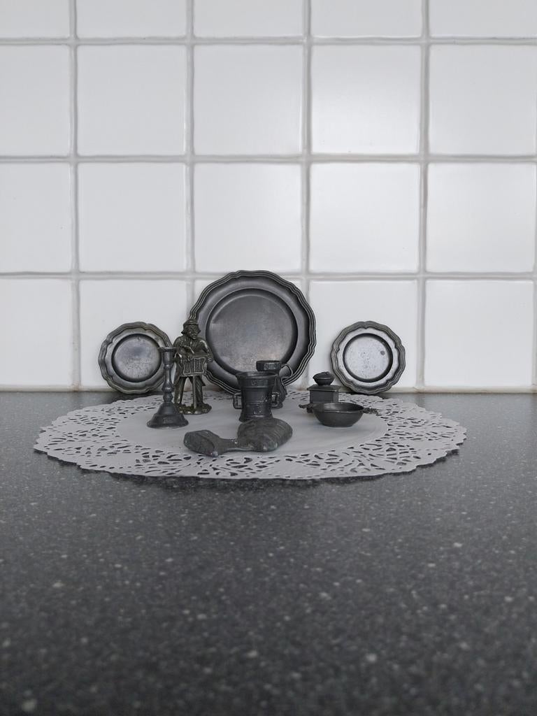 Set van Tinnen Miniaturen en Bordjes, Antiek en Kunst, Antiek | Tin, Ophalen of Verzenden