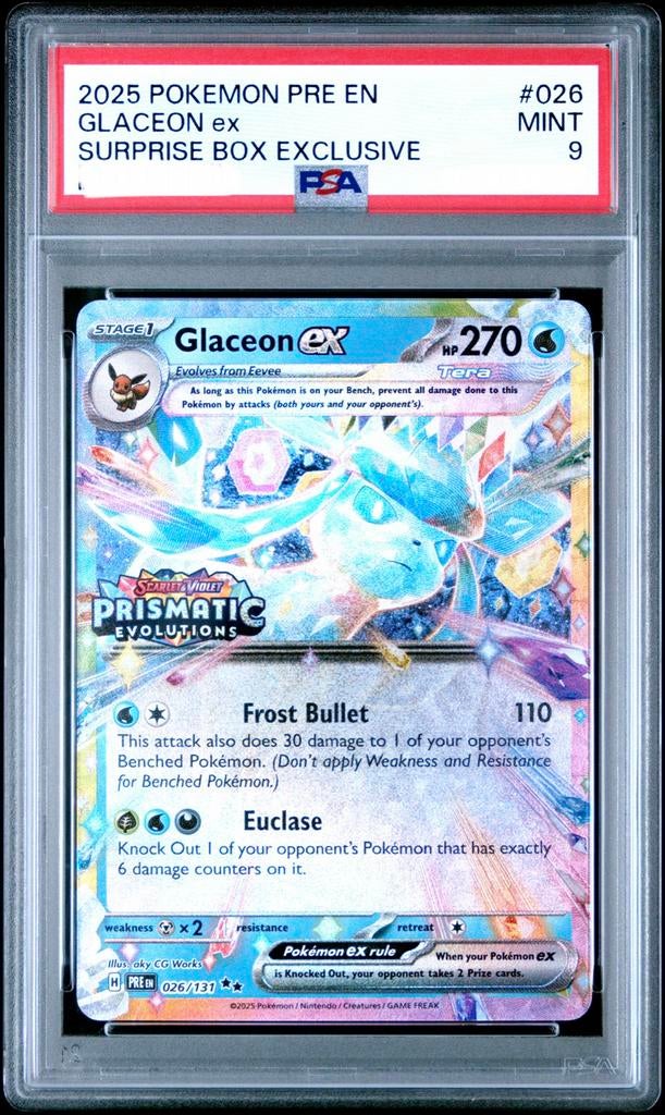 Glaceon EX Prismatic Evolutions PSA 9, Hobby en Vrije tijd, Verzamelkaartspellen | Pokémon, Ophalen of Verzenden, Zo goed als nieuw