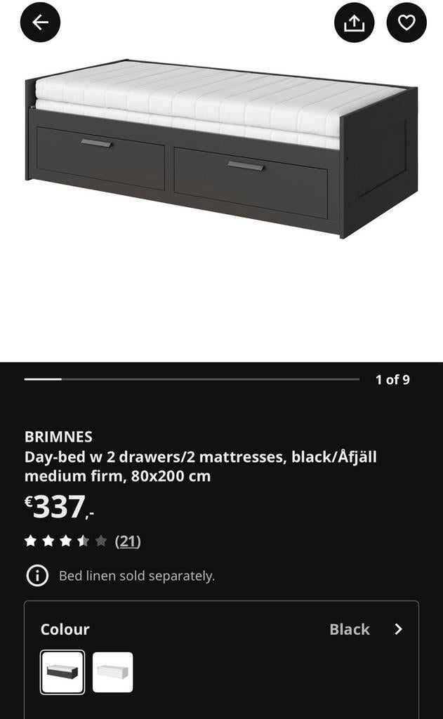 IKEA BRIMNES Dagbed met 2 lades en 2 matrassen, zwart, Gebruikt, Eenpersoons, Zwart, Ophalen of Verzenden