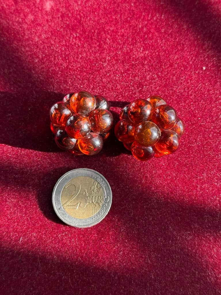 Vintage Amber Lucite Bubble Cluster Clip-On Oorbellen, Overige materialen, Gebruikt, Bruin, Ophalen of Verzenden