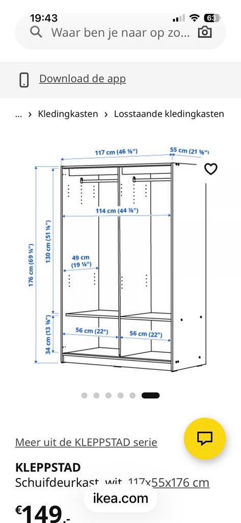 IKEA Kleppstad Schuifdeurkast - Zo goed als nieuw, Ophalen, 100 tot 150 cm, Zo goed als nieuw, 150 tot 200 cm