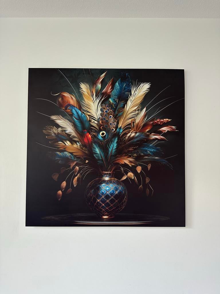 Schilderij met veren in vaas op plexiglas, Antiek en Kunst, Kunst | Schilderijen | Modern, Ophalen of Verzenden