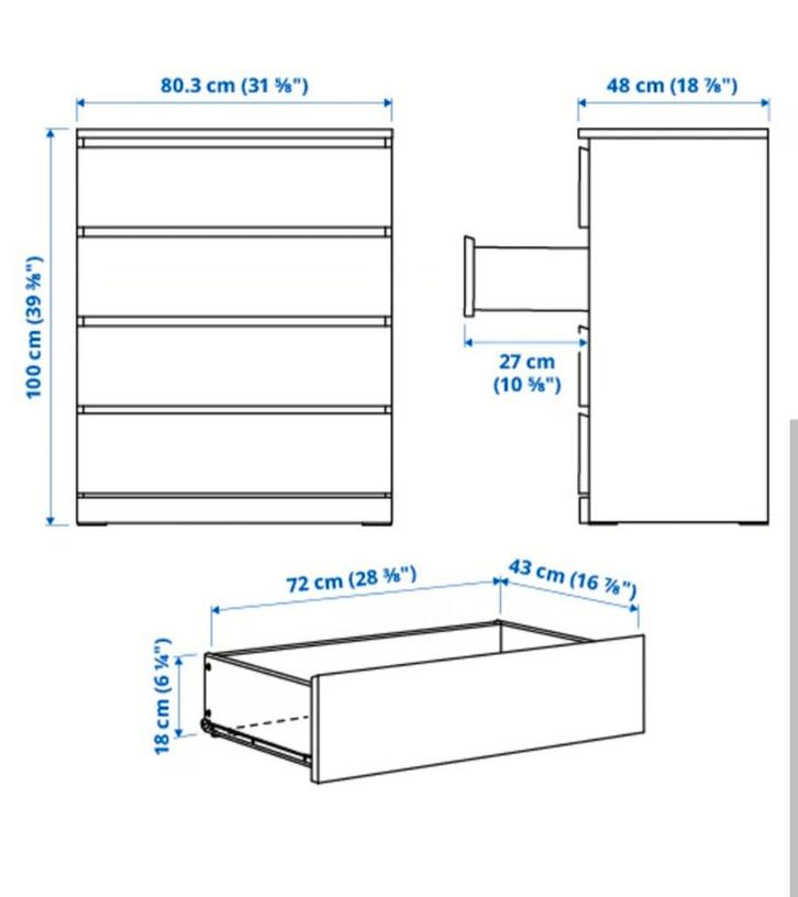Ikea Malm 4-ladekast wit, Huis en Inrichting, Kasten | Ladekasten, Zo goed als nieuw, Minder dan 100 cm, 50 tot 100 cm, 25 tot 50 cm