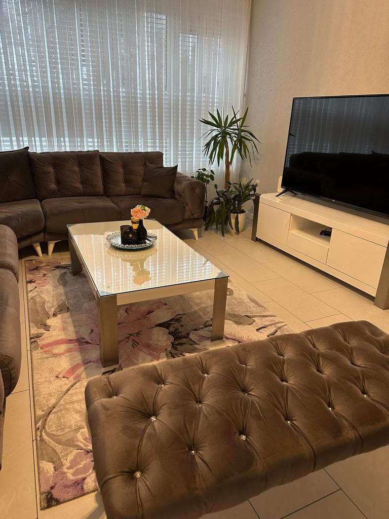 Hoogglans wit meubelset met zilveren accenten en glas, Huis en Inrichting, Tafels | Salontafels, Gebruikt, 150 tot 200 cm, Ophalen of Verzenden