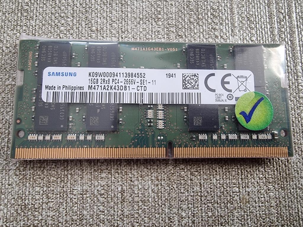 16GB 2666Mhz DDR4 PC4-21300 2Rx8 Samsung, Computers en Software, RAM geheugen, 2666mhz, DDR4, Ophalen of Verzenden, Zo goed als nieuw