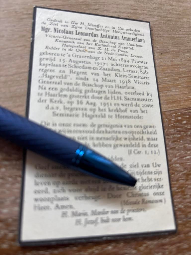 Ammerlaan Mrg Nicolaas 1894 sGravenhage 1951 Haarlem - Z13, Verzamelen, Bidprentjes en Rouwkaarten, Ophalen of Verzenden, Bidprentje