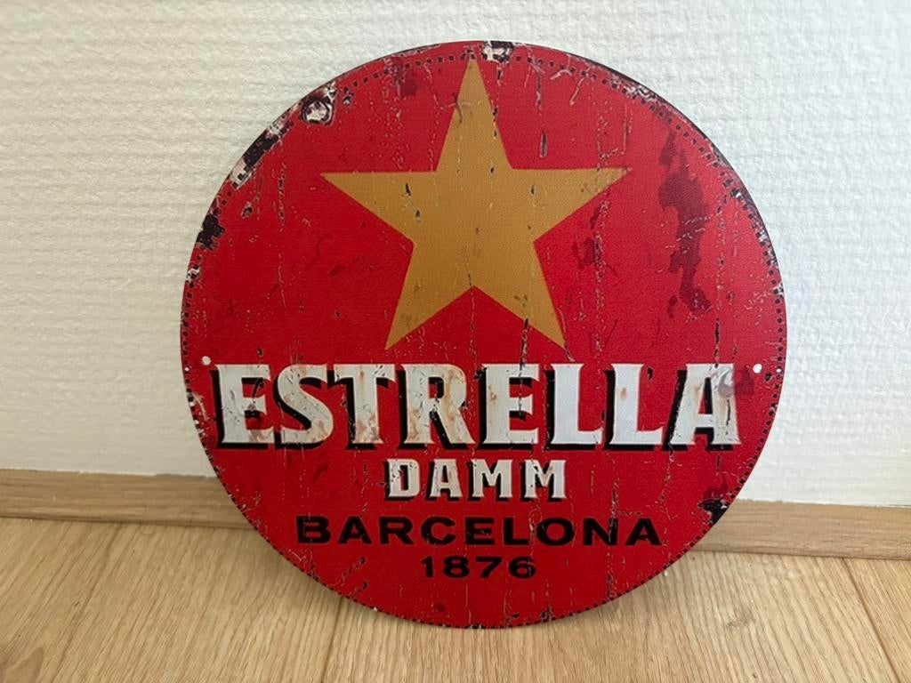 Prachtig vintage reclamebord Estrella Damm (20x20), Ophalen of Verzenden, Zo goed als nieuw, Reclamebord, Plaat of Schild, Overige merken