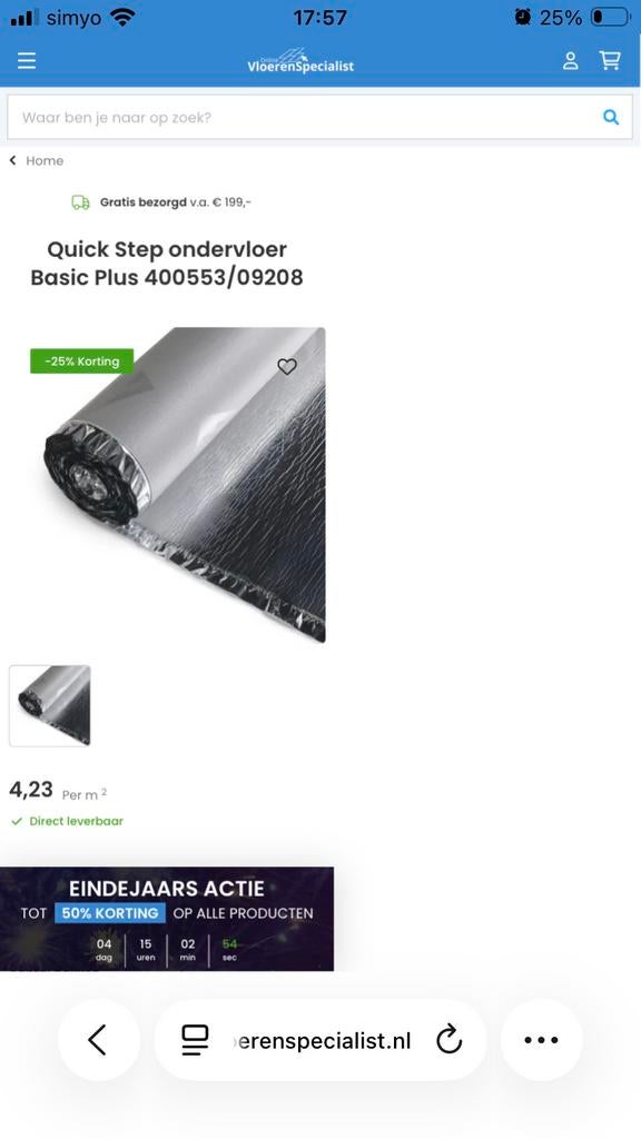 Te koop bijna hele rol Quickstep basic plus ondervloer, Caravans en Kamperen, Ophalen of Verzenden, Nieuw