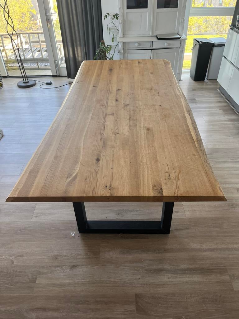 Massief eiken industriële tafel Siberië boomstam U-poot, Ophalen, Eikenhout, 200 cm of meer, 50 tot 100 cm