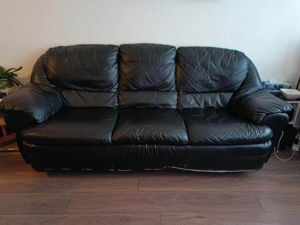 Zwarte leren bank, 2-3 zits bank, Ophalen of Verzenden, Gebruikt, 75 tot 100 cm, Leer