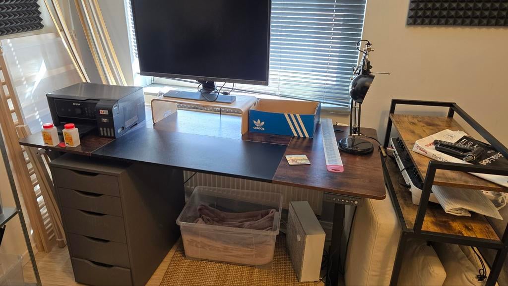 Elektrisch zit-sta bureau 160x70 cm vintage bruin, Ophalen, 160 cm, Zo goed als nieuw, 70 cm