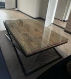 salontafel hout, staal en glas, Huis en Inrichting, Tafels | Salontafels, Ophalen, 50 tot 75 cm, Eikenhout, Zo goed als nieuw