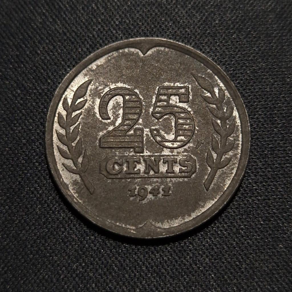 25 cent 1941 zink, deels originele muntkleur, Verzenden, Koningin Wilhelmina, 25 cent, Losse munt