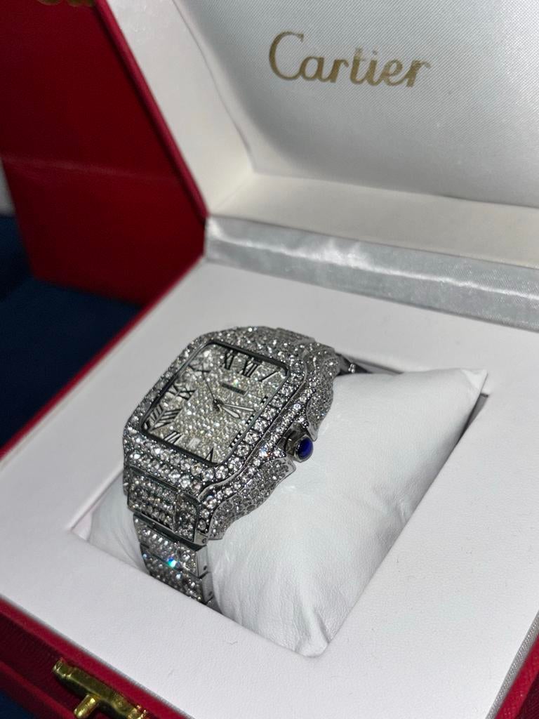 Cartier Moissanite Santos Horloge Zilver, Sieraden, Tassen en Uiterlijk, Horloges | Heren, Overige merken, Staal, Gebruikt, Polshorloge