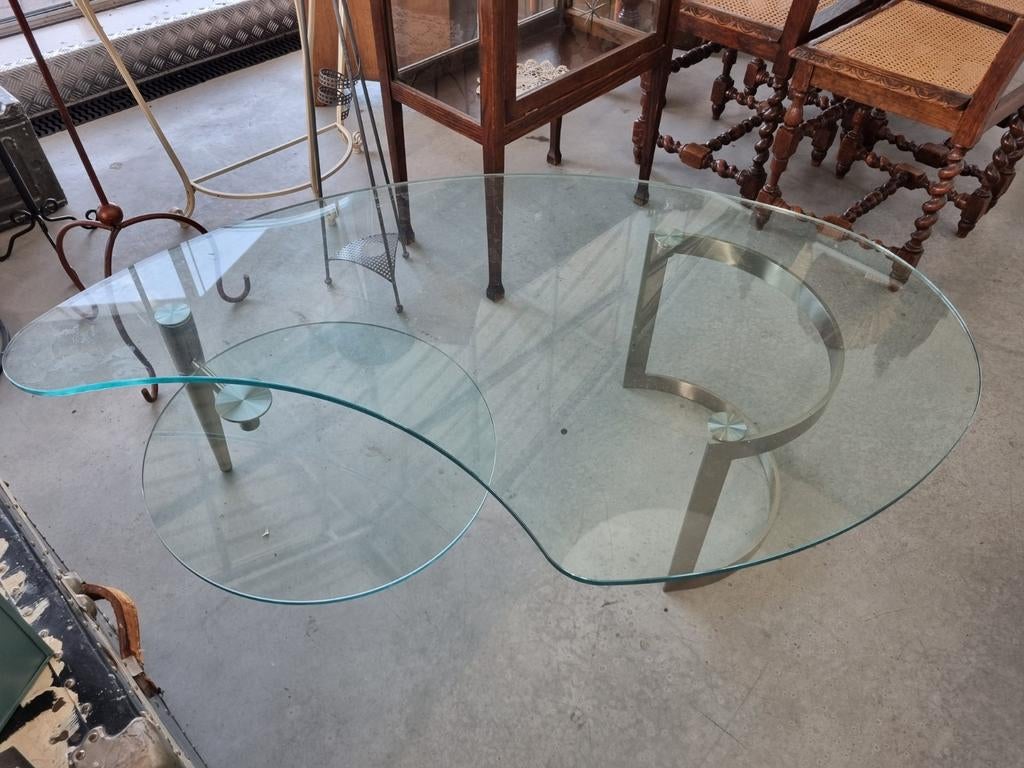 Glazen salontafel met uitdraaibaar plateau, Huis en Inrichting, Tafels | Salontafels, Ophalen, 100 tot 150 cm, 50 tot 100 cm, Metaal