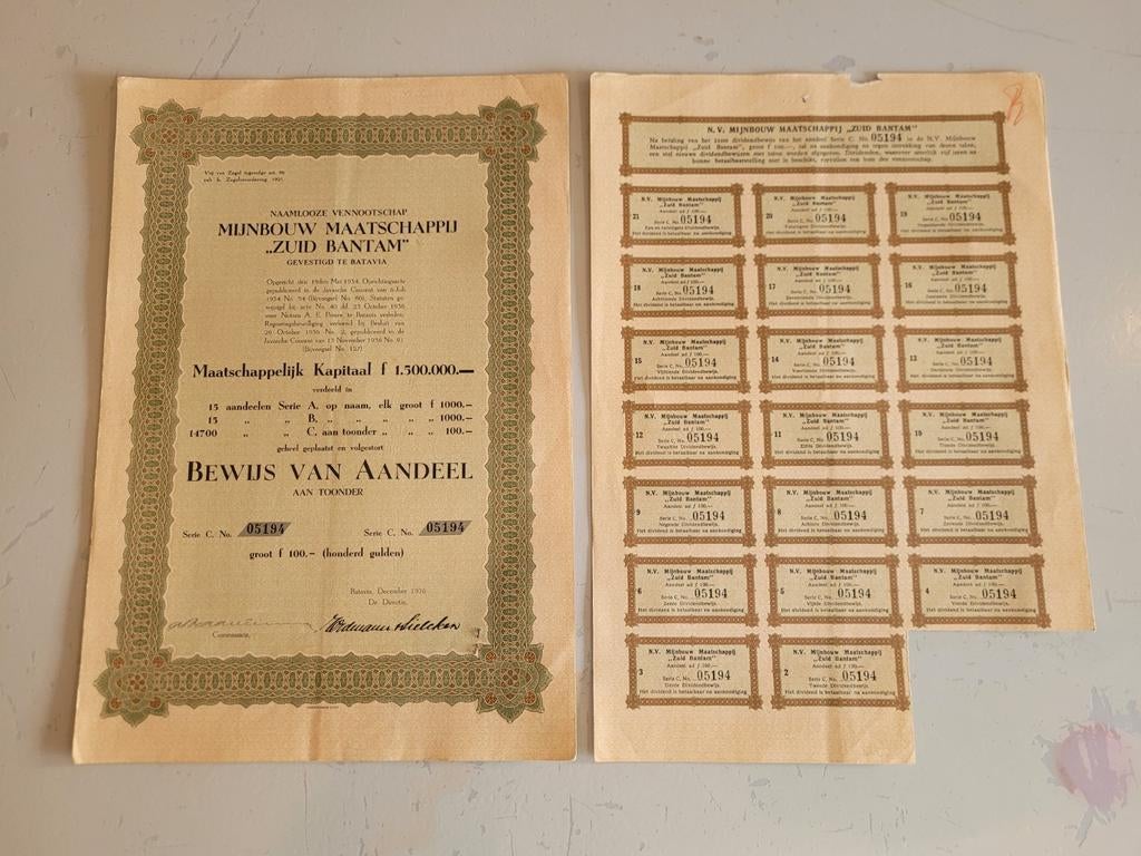 Aandeel maatschappij "Zuid Bantam" Batavia 1936, Postzegels en Munten, Ophalen of Verzenden, 1920 tot 1950, Aandeel