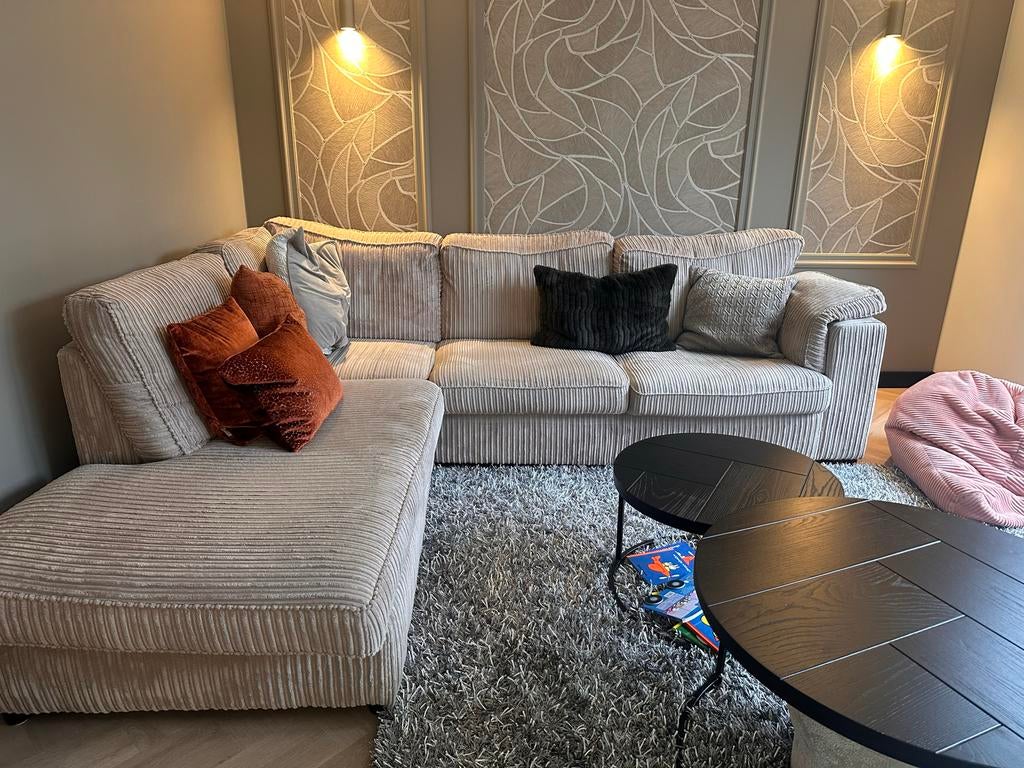 Bank Haco beige ribstof hoekbank, Ophalen, 250 tot 300 cm, Gebruikt, 100 tot 125 cm