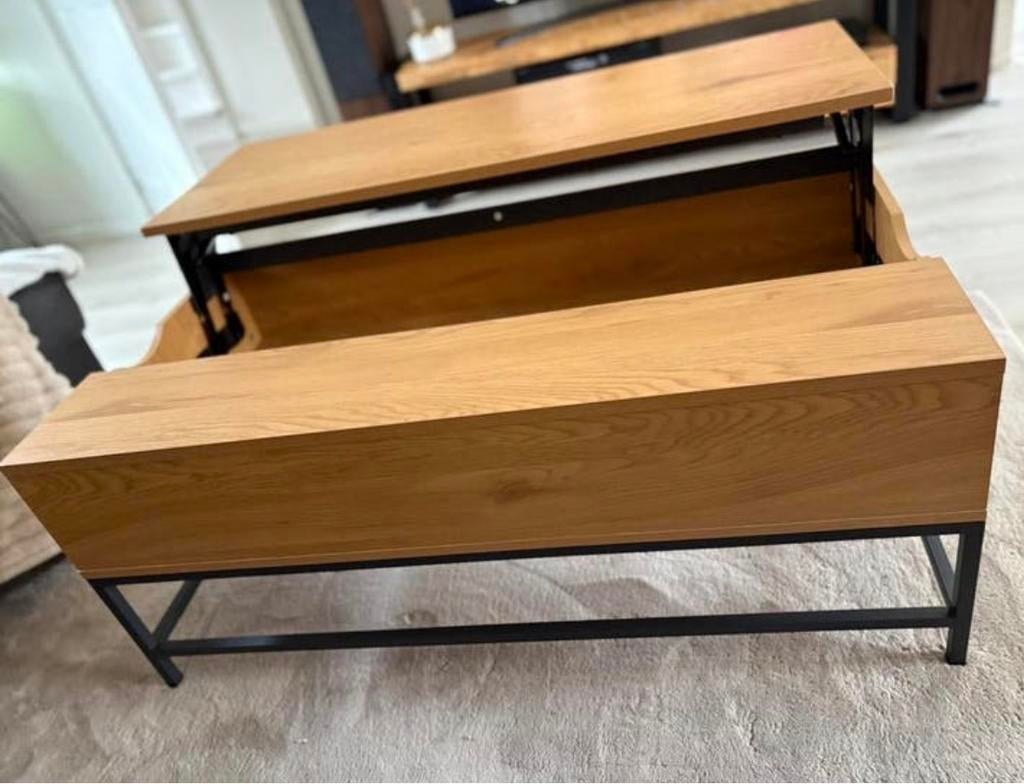 Moderne Salontafel met Opbergruimte en Hefblad, Huis en Inrichting, Tafels | Salontafels, Ophalen, 100 tot 150 cm, Eikenhout, 50 tot 100 cm